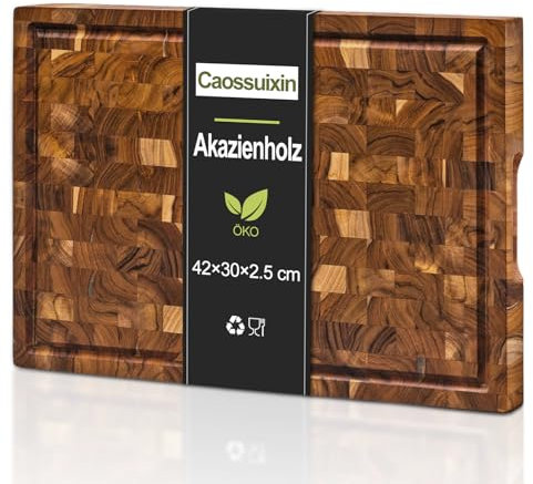Caossuixin Large Schneidebrett Holz mit Saftrutsche(42x30x2.5cm), Schneidebretter Holz Aus Massiver Akazie, Holzschneidebrett für Küchenplatten, Schneidebrett Gross mit Rutschfeste Füße