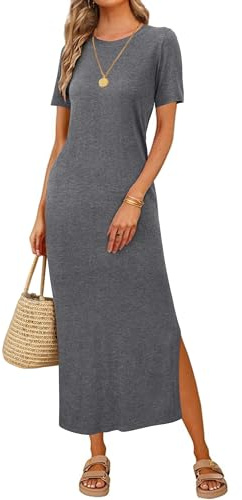 Arach&Cloz Long Maxi Dresses for Women UK Short Sleeve Summer Shirt Dress Ladies Casual Work Dress Side Split