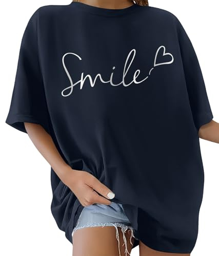 heekpek Tee Shirt Femme Oversize T Shirt Chemise à Manches Courtes Coton à Col Rond T-Shirt Grande Taille Haut Ete, Bleu Marine, M