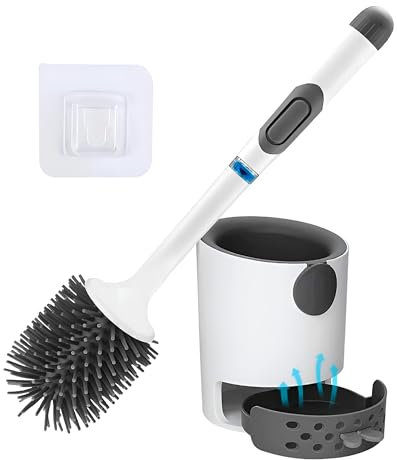 NAICOK – Escobilla de Baño con Dispensador de Jabon – Escobilla WC de Silicona para Limpieza de Inodoro, Cepillo de Baño Recargable con Boton para Liquido – Incluye Adhesivo de Pared