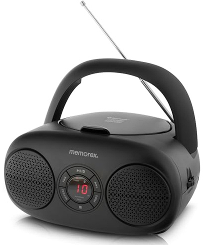 Memorex AM/FM Top Loading CD Player | Portable Stereo with Programmable Memory | Auxiliary Input and LED Display (Black, CD Boombox)