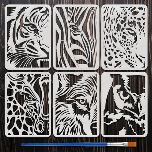 FINGERINSPIRE 6 st kikar på djuren stencil med 1 st målarpensel 21 x 29,7 cm vilda djur stencil tigrar zebror leoparder giraffer vargar ugglor mönster mall för gör-det-själv konst hantverk hem