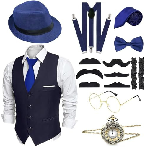 yecwkaz Accessori Anni 20 per Costume Uomo Accessori da Uomo Anni '20 Set con Cravatta Orologio da Tasca per Natale Compleanno Carnevale Festa-Dark Blue-L