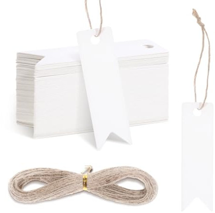 Larrel 100 Stück Geschenk Anhänger, 2×7cm Kraftpapier Anhänger Etiketten mit 20m Juteschnur Geschenkanhänger Kraftpapier Blanko Geschenkanhänger zum Beschriften für Hochzeit Handwerk Weihnachten, Weiß
