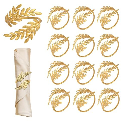 Ruikdly 12 Pezzi Anelli Portatovaglioli Oro in Metallo, Portatovaglioli Rustico con Foglie di Grano, Anelli per Tovaglioli da Tavola per Natale, Matrimonio, Festa, Tavolo Decorazione