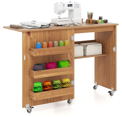 COSTWAY 2 en 1 Mesa Maquina de Coser Plegable, 116x40.5x78cm, Mueble Maquina Coser con 3 Compartimientos Ocultos y Estante, Escritorio Móvil con 5 Ruedas Bloqueables, Ahorro de Espacio (Natural)