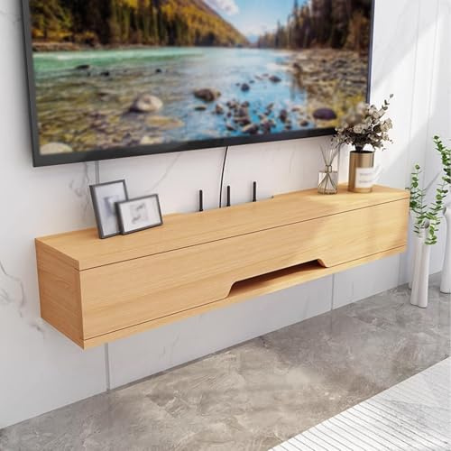 Grande pannello TV galleggiante in legno massiccio con design ecologico, spazioso armadio portaoggetti, ante scorrevoli, per TV fino a 110 x 20 x 18,4 cm, mobili moderni per soggiorno (finitura ottone
