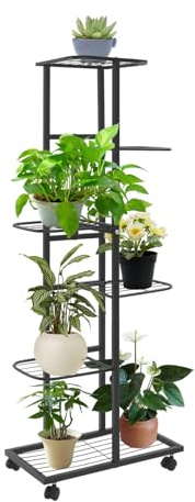 Shinpeed Estantería para plantas con ruedas, soporte para plantas de metal de 6 niveles, 112 cm de alto, escalera para plantas, soporte para flores, para terraza, jardín, balcón, decoración (negro)