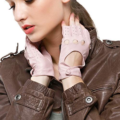 Nappaglo Gant Femme en Cuir Demi Doigt - Mitaine Hiver de Conduite Sans Doigt en Cuir de Chevreau - Sport Extérieur pour Fille Cadeau