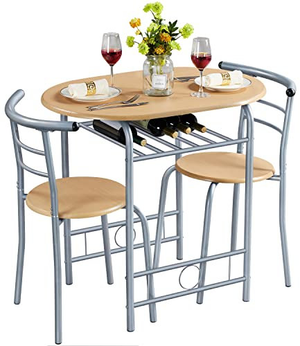 Yaheetech Juego Mesa de Cocina con 2 Sillas de Comedor Conjuntos de Mueble de 3 Piezas con Vino Estante Madera