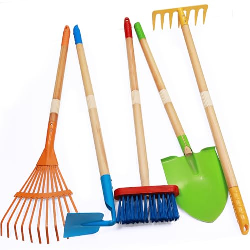 POMIKU Kids Shovel, Rake for Leaves, Spade, Hoe and Broom, 5Pcs Kids Garden Tools, Gardening Yard Outdoor Toy Gifts for Boys Girls Age 3 4 5 6 7 8 Years Old