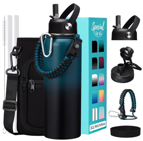 32/40/64OZ Insulated Water Bottle - Keep Cold 48H Hot 24H, Combo Straw/Spout Lids, Paracord Handle for Gym/Hiking, Carrier Bag +Strap, Cup Mat, BPA-Free Stainless Steel Flask Jug