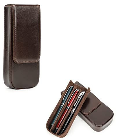 Hiram Leather Pen Box for 3 Pens Vegetable Tanned Leather Fountain Pen Storage Case with Hidden Magnetic Snap Closure and Pens Tray Design (Coffee)