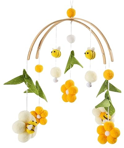 Herfair Mobil babyvindklocka med filtbollar – fräscha blommor och bin, hängande sängklocka för babysäng, skötbord, dekoration (gul)