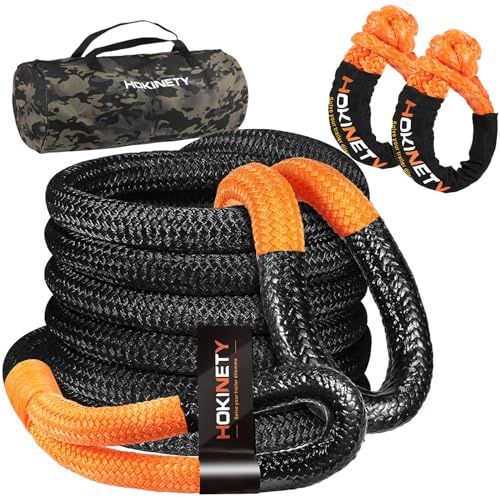 HOKINETY Kinetic Recovery Corde de remorquage 3,2 cm x 9,1 m 25000 kg avec manilles Souples Kit de Sangles de remorquage Tout-Terrain très résistantes pour camions, SUV, UTV, ATV, Tracteur, Voiture,
