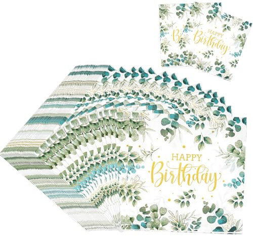 40 Stück Servietten Geburtstag,Eukalyptus Happy Birthday Servietten,Servietten Happy Birthday für Tischdeko Geburtstag,Themenparty,Baby Taufe.