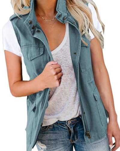 Imily Bela Gilet Cargo Femme sans Manches Parka de Transition Veste Court avec Poches et Cordon de Serrage Printemps Été Gilet Outwear