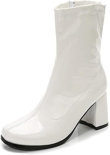 Women's Go Go Boots Mid Calf Block Heel Zipper Boot Ankle Boots Low Block Heel Short Boots Shoes (White Patent, numeric_6)