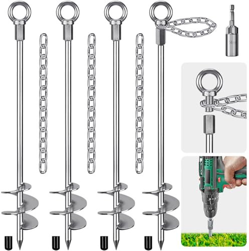Insaga Tent Peg, 76cm Heavy Duty Ground Anchor Large Metal Earth Stake Spiral Blade Screw in Trampolines Spike for Swing Set/Camping/Shed/Dog/Carport with 37cm Fixed Chain, 4 Pack