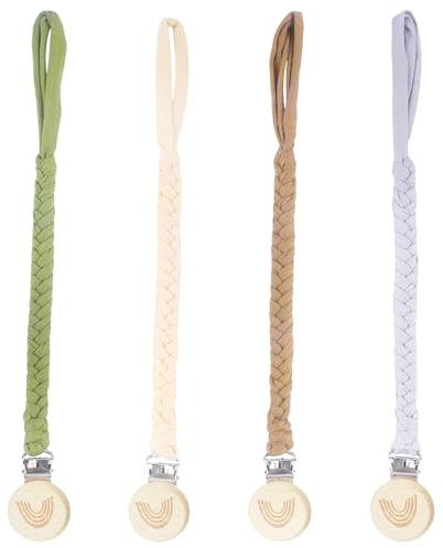 Schnullerkette, 4 Stück Baby Schnullerkette Clip Schnullerkette Junge und Mädchen Baumwolle Schnullerband Schnullerkette Stoff Schnullerkette Holz für Lätzchen Dreieckstuch Sauger