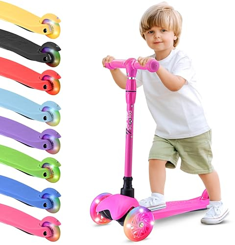 Hurtle Mini Kickboard Scooter for Kids β Height Adjustable 25-28 Inches, 3-Wheel Toddler Micro Scooter with LED Light-up Wheels, Lightweight Riding Toy, Non-Slip, Indoor/Outdoor Fun, Ages 2-5 (Pink)