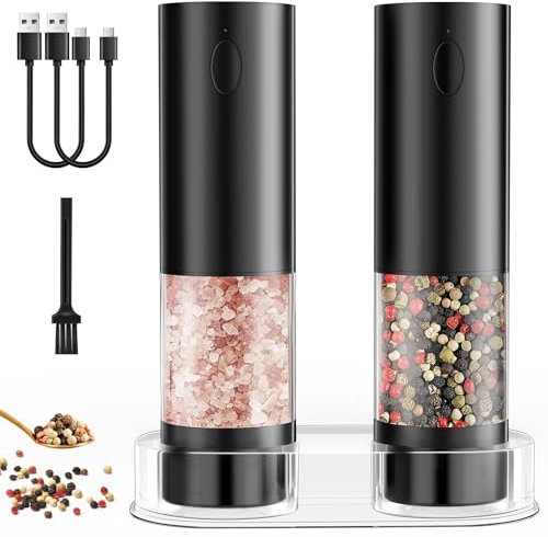 Macina sale e pepe elettrico, ricaricabile, con macina in ceramica regolabile a 5 livelli, base, luce LED, grande macinapepe da 100 ml - 2 pezzi (nero)