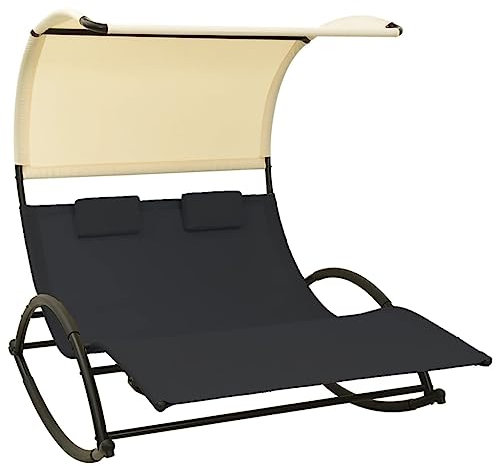Myheimly Doppel-Sonnenliege mit Sonnendach Doppelliege Gartenliege Liege Gartenmöbel Relaxliege Strandliege Freizeitliege Textilene Schwarz und Creme