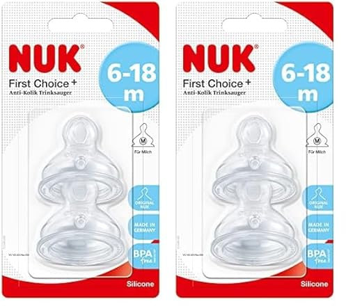 NUK First Choice+ Silicone Replacement Teats, 6-18 Months with Medium Feed Hole, 2 Count (Pack of 2)
