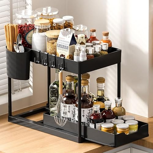 EEGAO Under Sink Storage Kitchen Organiser, 2 Tier Sliding Kitchen Storage Under Sink shelf, Multi-Purpose Organisation for Bathroom, Bottom Slide Out Basket (one, black)