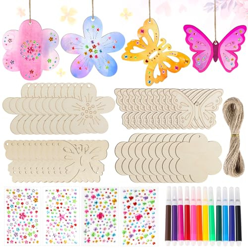 Haocjanc 40 Pièces Kits Fleurs et Papillons Bricolage Enfant, Ensemble de Copeaux de Bois, Kit Creatif Enfant avec Crayons Aquarellables, Autocollants et Ficelle pour Décorations Festives