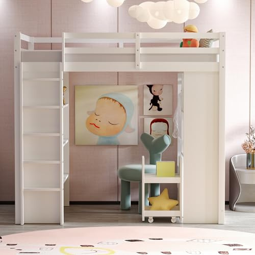 Idemon Cama alta para niños de 90 x 200 cm, con estantes de varios niveles, con perchas simples y compartimentos de almacenamiento, con 1 carrito organizador extraíble, mucho espacio de almacenamiento
