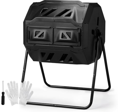 Contenitore per compost da esterno a doppia camera da 42 galloni, grande contenitore per compost da esterno, doppio lotto rotante, con porte scorrevoli, per giardino, cucina, prato, cortile, cortile