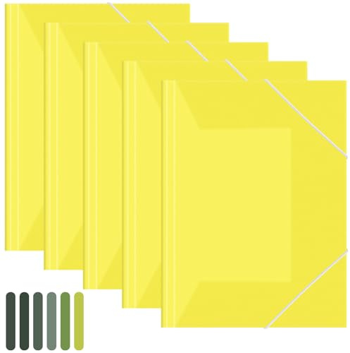 Postmappe A4 Schule Gelb 5 Stück Set, Eckspannermappe A4 mit Gummizug, PP Kunststoff durchsichtig, inkl. 1 Haftnotizen, Dokumentenmappe für Hausaufgaben Büro Schule, Zitronengelb Grau