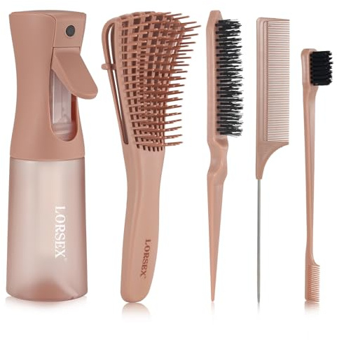 LORSEX Cepillo para el cabello con botella de spray para el cabello de 200 ml, cepillo desenredante para cabello natural para cabello afro 3a a 4c, cabello rizado, ondulado y rizado (terracota)