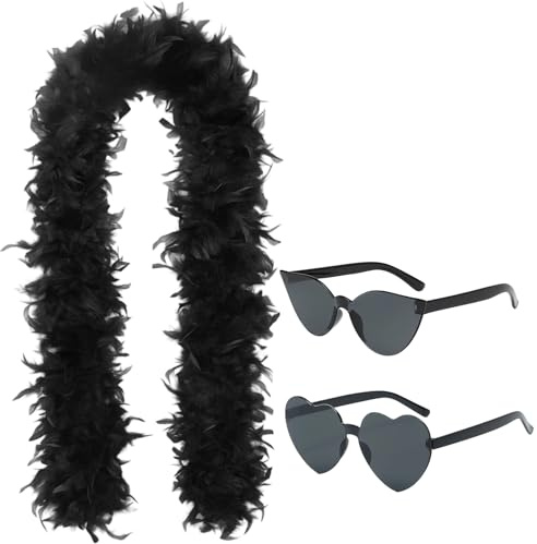 Black Feather Boa, 2 Metre Long Turkey Feather Boa With Heart Shaped Sunglasses, Costume Accessory For Halloween, Christmas, Cosplay And Stage Performances