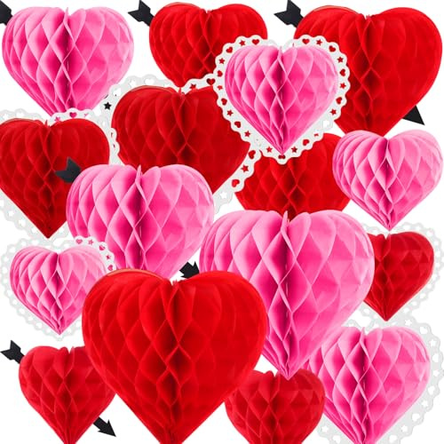 Fullhawl 18 Pcs Valentine's Day Heart Shaped Honeycomb Balls Tissue Paper Honeycomb Balls Paper Party Decorations Ideal for Valentine Wedding Engagement Birthday Party (Red, Pink)