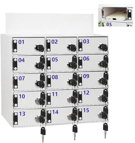 Hocomay Armadietto per cellulare con 15 scomparti, con serrature indipendenti e 30 chiavi, colore bianco, con serratura per classe, palestra, ufficio, fabbrica