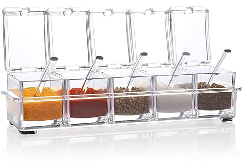 V·RESOURCING 5 x Clear Seasoning Containers for Spices, Salt, Sugar, Condiments with 5 Spoons