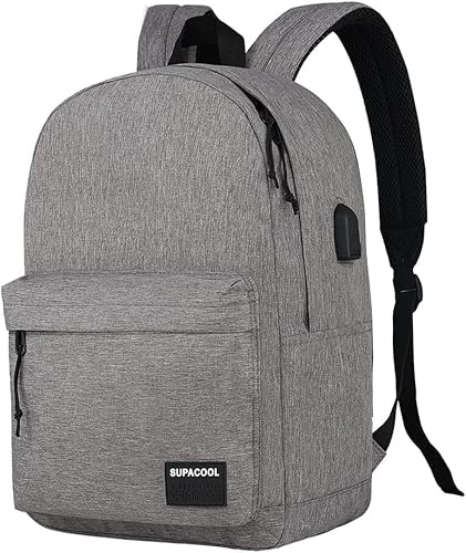 SUPACOOL Zaino leggero e casual con porta di ricarica USB per uomini e donne, borsa per libri di scuola per college, Big Size, laptop(Light Grey)