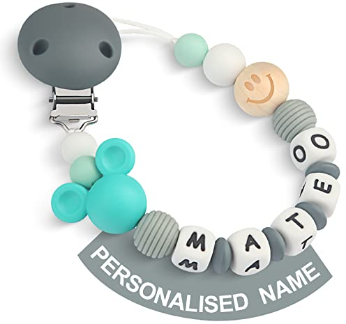 Yolnkos Schnullerkette mit Namen Jungen Mädchen Personalisiert Schnullerclip Maus(Grau)