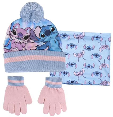 Disney Stitch & Angel Bommelmütze + Schlauchschal + Handschuhe Set Mädchen 3-teilig Winterset Geschenk, blau, 3-10 Jahre