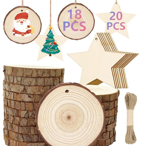 38 Piezas Rodajas de Madera Natural, Troncos para Pirograbado, 18 Discos de 7 a 8 cm Con Agujero para Corteza, 20 Estrellas, Bricolaje Navideño Decoraciones
