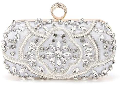 DTGN Evening Bags Clutch Purses for Women Formal, Beaded Clutch Rhinestone Handbags Shoulder Bag with Chain Sparkly for Wedding Bride Guest Party Silver
