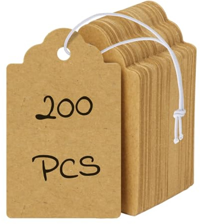 Uniclife 200 Pcs Kraft Price Tags with Elastic String Attached Writable Brown Kraft Paper Tag Hang Tags for Pricing Clothing Jewelry Price Display Labels Blank Merchandise Marking Tag, 4.5 x 2.7 cm