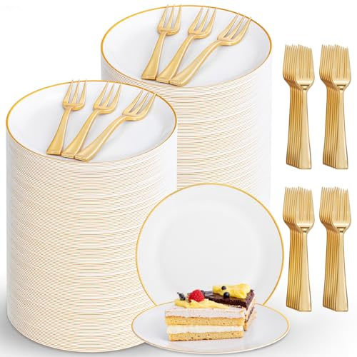 Festiva 400Pcs Gold Dessert Plates 6.3 with Forks 5- 200PCS Small Disposable Dessert/Cake/Appetizer Plates and 200PCS Forks - Serve 200 Guests for Birthday Party& Wedding &Easter