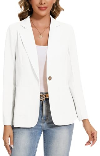 MINTLIMIT Womens Casual Solid Cotton Linen Long Sleeve OL Work Lightweight Blazer Jacket Coat with Pockets (White, Size L)