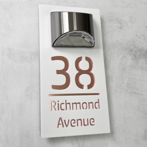 House Numbers Plaques With Solar Light House Numbers Door Signs Personalised Door Number For Wall Name Outside (White and Mirror Rose Gold)