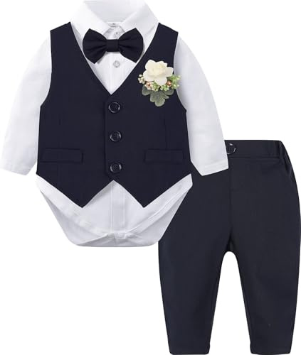 mintgreen Baby Boy Suit, Wedding Bodysuit Waitcoat Gentleman Long Sleeve Clothes Set with Breast Flower, Dark Navy, 3-6 Months, 60