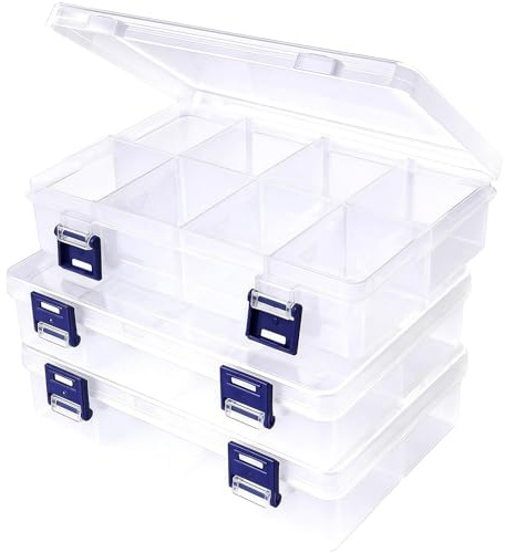 COONE 3 Pack Large ​Storage Boxes With Compartments, ​Adjustable Dividers​ Clear Plastic ​Stackable Organiser, Double Buckle Transparent Container for ​Beads Jewelry Makeup​ Accessories (White)