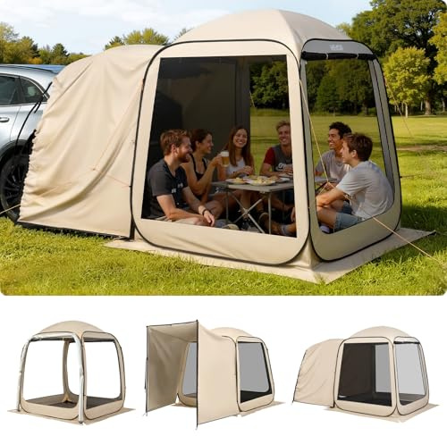 VEVOR Tienda de Campaña con Mosquitera, 1825 x 1825 x 2200 mm, 4-6 Personas, Plegable, para Portón Trasero SUV, con Bolsa de Transporte, Laterales de Malla, para Actividades al Aire Libre, Beige